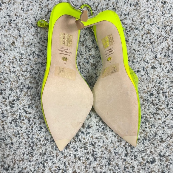 Stuart Weitzman Heel Women 7 Glam 100 Strap Pump Neon Yellow Rhinestone Shoe - Picture 5 of 6
